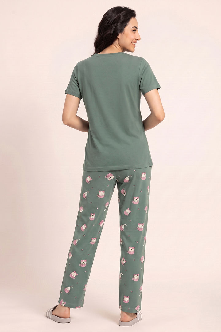 Zivame Farm Lore Knit Cotton Pyjama Set - Iceberg Green — image 4